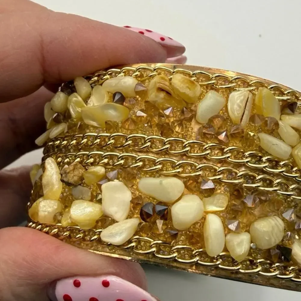 Vintage Gold‑Tone Beaded Bangle • Cream Resin & Amber Rhinestones • 2.75” Diam - Picture 4 of 9